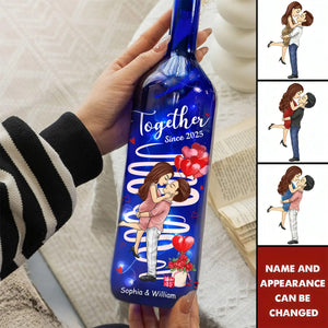 Hand In Hand, Heart To Heart, Forever Ours - Couple Personalized Blue Bottle Lamp