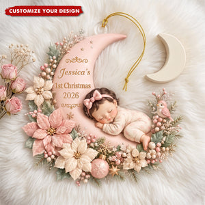First Christmas Baby Boy Girl on Floral Moon - Personalized Acrylic Ornament - Christmas Gift for New Mom, Dad