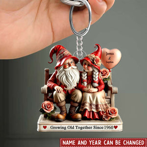 3D Effect Dwarf Old Couple Sitting On Bench Personalized Keychain, Valentine's Day Gift For Couple