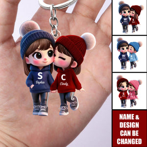 Cute Cartoon Couple Walking Together Personalized Acrylic Keychain