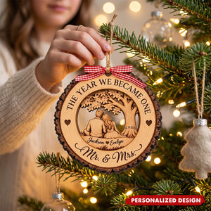 Personalized Mr and Mrs Ornament, First Christmas Married Wood Keepsake