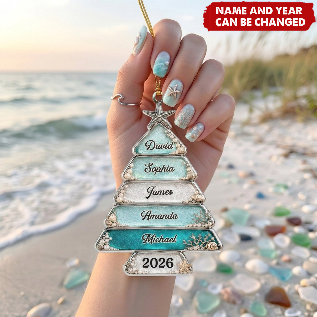 Custom Sea Glass Acrylic Ornament - Personalized Christmas Birthday Gifts For Mom, Dad, Brother, Sister - Christmas Love Never Fades