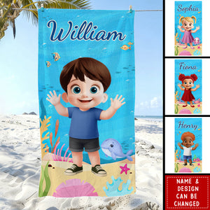 Cute Cartoon Kid With Sea Animal - Personalized Quick-Dry Beach Towel