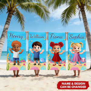 Cute Cartoon Kid With Sea Animal - Personalized Quick-Dry Beach Towel