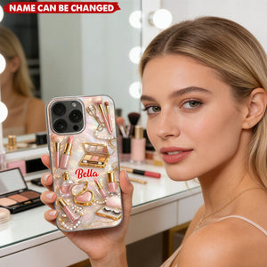 Personalized Makeup Phone Case - Custom Name, Pink Makeup Design