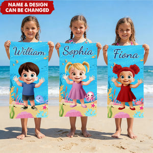 Cute Cartoon Kid With Sea Animal - Personalized Quick-Dry Beach Towel
