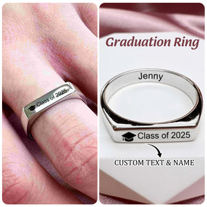 Horizontal Bar Engraved Text Personalized Ring, High School Student College University Graduation Gifts