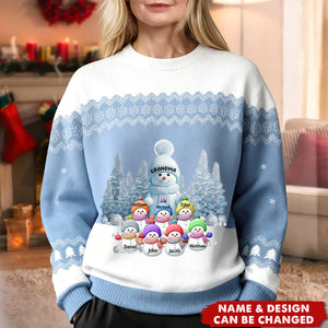 Christmas Snowman Grandma With Her Kids - Personalized Wool Sweater