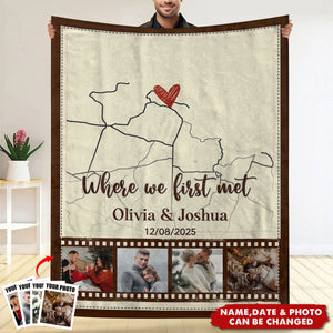 Custom Where We First Met Map Art Blanket With Photo, Anniversary Gifts for Boyfriend, ValentinesBlanket Gift for Him Her