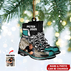 Personalized Hiking Boots Ornament: Custom Photo, Mountain Lover Christmas Decor