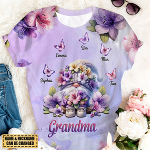 Grandma Dwarf With Purple Flowers And Butterflies Personalized 3D T-Shirt