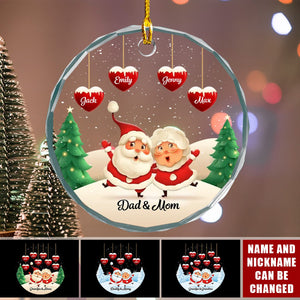 Papa Nana Claus Hearts Kids Names Personalized Glass Ornament