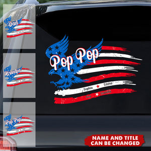 Papa With His Kids American Flag - Personalized Decal, Gift For Dad