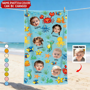 Cute Kid Faces & Watercolor Sea Creatures - Personalized Photo Beach Towel