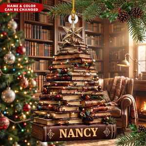 Personalized Ornament For Book Lovers, Stacked-book Christmas Tree