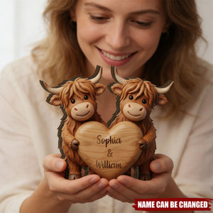 Custom Highland Cow Couple Wooden Blocks Personalized Cow Wood Plaque