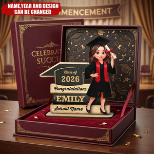 Cartoon Grad Holding Diploma - Personalized 2-Layered Wooden Plaque