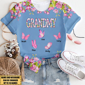 Pink Floral Nana Butterfly Kids Personalized 3D T-Shirt