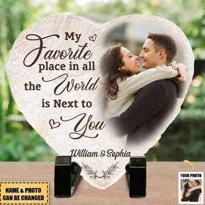 Custom Photo My Favorite Place In All The World Is Next To You - Couple Personalized Heart Shaped Stone With Stand