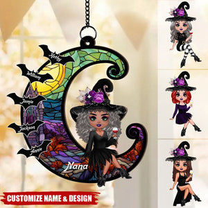 Grandma Mom Witch On Moon Personalized Window Hanging Suncatcher Ornament, Halloween Decor