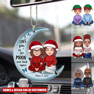 Cute Grandma & Teenage Grandkid Granddaughter Grandson On Moon Personalized Acrylic Car Ornament