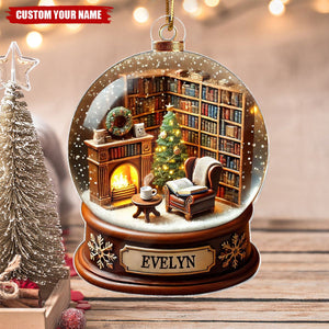 Book Lover Room 3D Effect Snow Globe Christmas Book Club Gift Book Reader Personalized Acrylic Flat Ornament