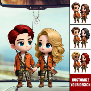 Cute Cartoon Couple Hunting Personalized Acrylic Car Ornament, Gift for Couple