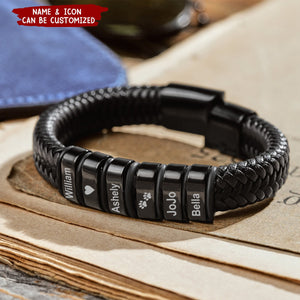 Personalized Beads Leather Bracelet with Kids Name, Gifts For Him Dad Son Grandpa