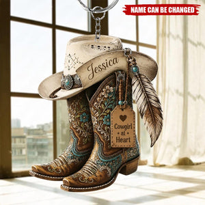 Personalized Cowgirl Boots Acrylic Keychain, Custom Western Hat Keychain, Cowgirl Heart Keyring, Cowboy Keepsake Gift