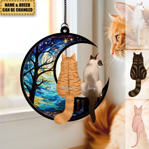 Cats On Moon Personalized Window Hanging Suncatcher Ornament, Halloween Decor For Cat Lovers