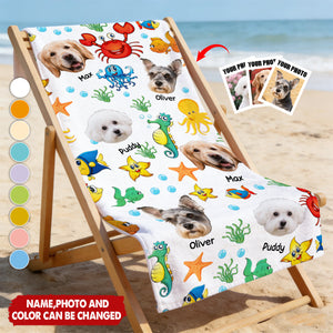 Cute Pets & Watercolor Sea Creatures - Personalized Photo Beach Towel