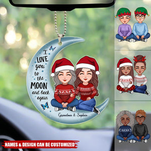 Cute Grandma & Teenage Grandkid Granddaughter Grandson On Moon Personalized Acrylic Car Ornament