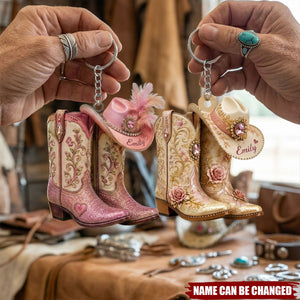 Personalized Cowgirl Boots Acrylic Keychain, Custom Western Hat Keychain, Cowgirl Heart Keyring, Cowboy Keepsake Gift