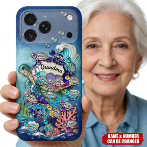 Grandma Turtle - Personalized Turtle 3D Embossed Leather Phone Case