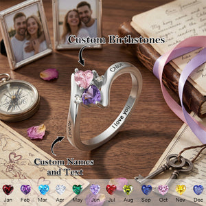 Forever In Love - Personalized Double Heart Birthstones Ring, Gift for Couple