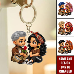3D Effect Cute Couple A Rose For You - Personalized Keychain - Gift for Couple