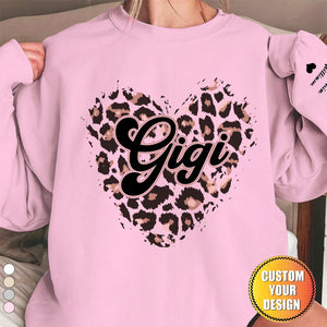 Grandma Heart Leopard Pattern Personalized Sweatshirt Sleeve Kid Names