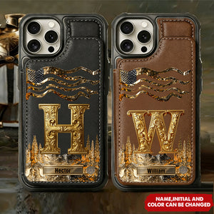 Golden Initial Gift For Husband And Son - Personalized Leather Flip Wallet Phone Case