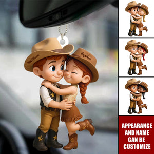 Cartoon Style Countryside Couple Cowboy Cowgirl Car Accessories Personalized Hanger Ornament