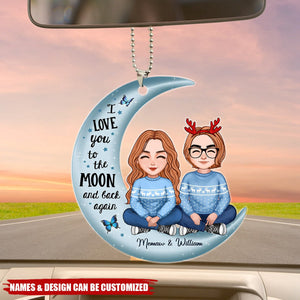 Cute Grandma & Teenage Grandkid Granddaughter Grandson On Moon Personalized Acrylic Car Ornament