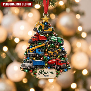 Personalized Truck Christmas Ornament, Custom Name Construction Vehicle Kids Gift