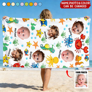 Cute Kid Faces & Watercolor Sea Creatures - Personalized Photo Beach Towel