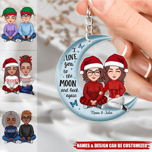 Cute Grandma & Teenage Grandkid Granddaughter Grandson On Moon Personalized Acrylic Keychain