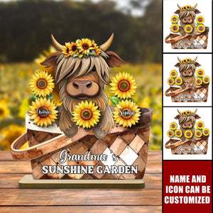 Cute Highland Cow Sunflower with Grandkids’ Names - Personalized 2-Layer Standing Wooden Plaque