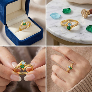 Forever In Love - Personalized Double Heart Birthstones Ring, Gift for Couple