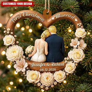 First Christmas Married Wooden Ornament, Seated Bride & Groom From Behind by a Glowing Tree, Creative Gift for Newlyweds