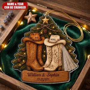 First Christmas Ornament For Newlyweds—Shaped Like A Western Cowboy Boot With The Wedding Date