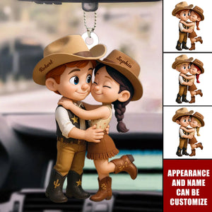 Cartoon Style Countryside Couple Cowboy Cowgirl Car Accessories Personalized Hanger Ornament