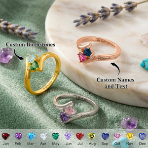 Forever In Love - Personalized Double Heart Birthstones Ring, Gift for Couple