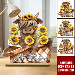 Cute Highland Cow Sunflower with Grandkids’ Names - Personalized 2-Layer Standing Wooden Plaque